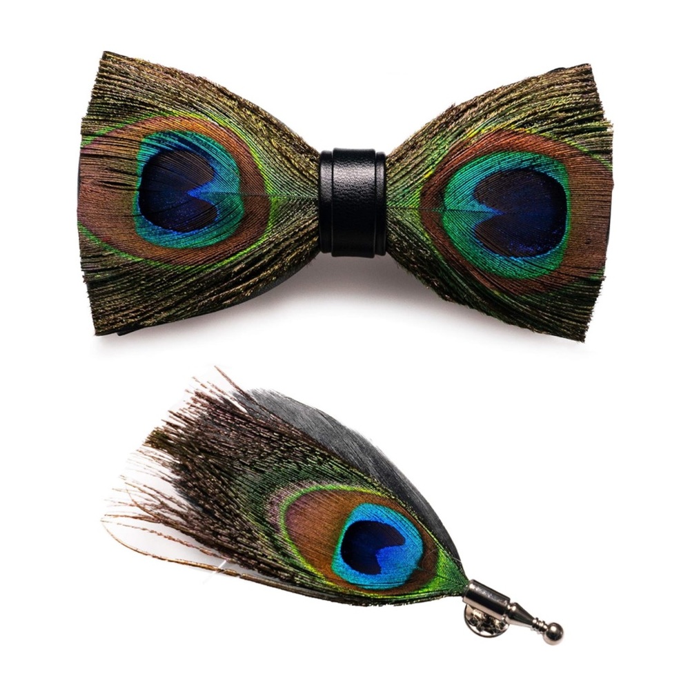Men’s Peacock Feather Pre Tied Bow Tie and Matching Lapel Pin Gift Box Set Blue